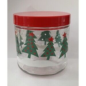 Vintage K Mart Christmas Glass Jar with Lid Clear Jar W/Christmas Trees